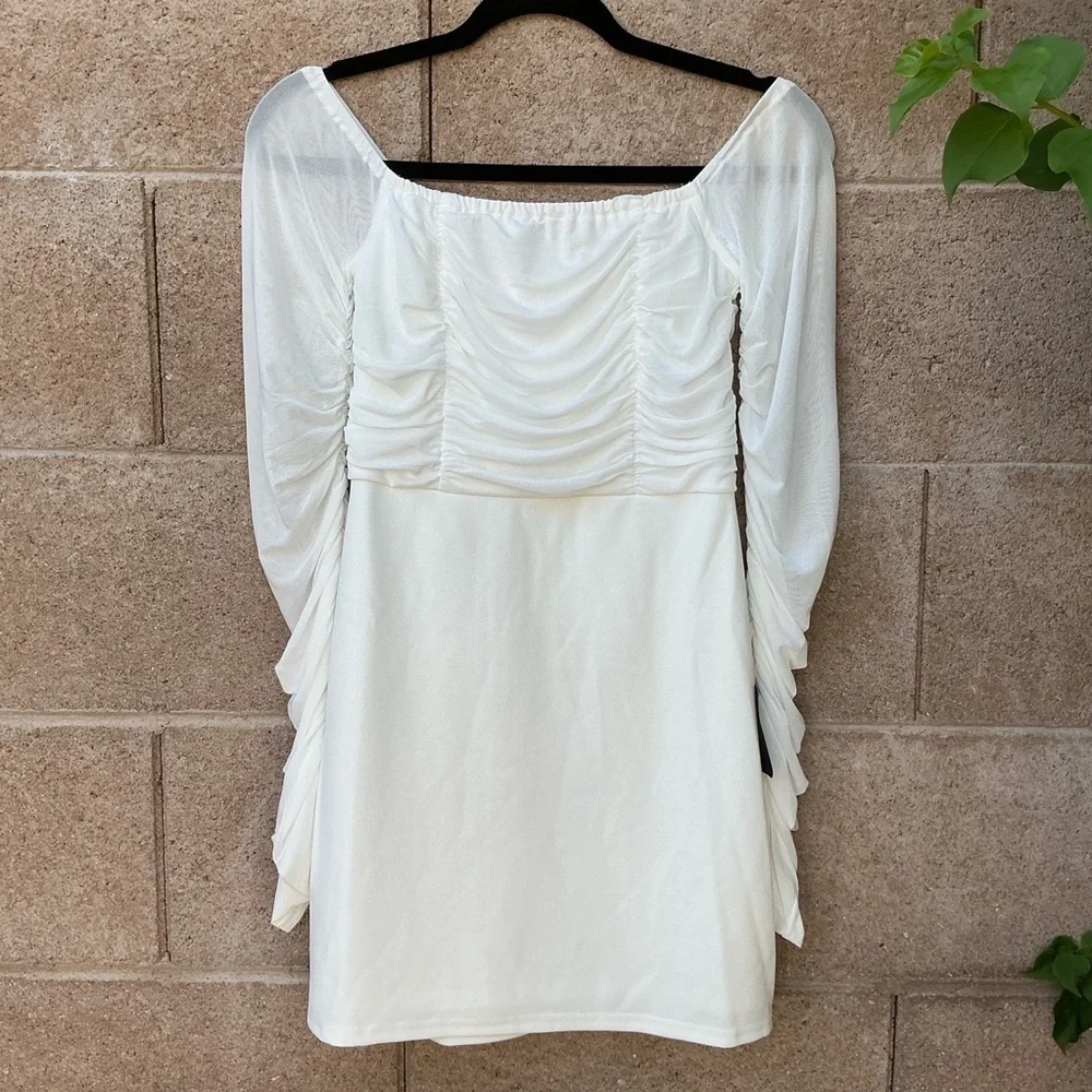 NWT Lulu’s Elegant Eternity White Mesh Ruched Off-the-Shoulder Mini Dress Medium